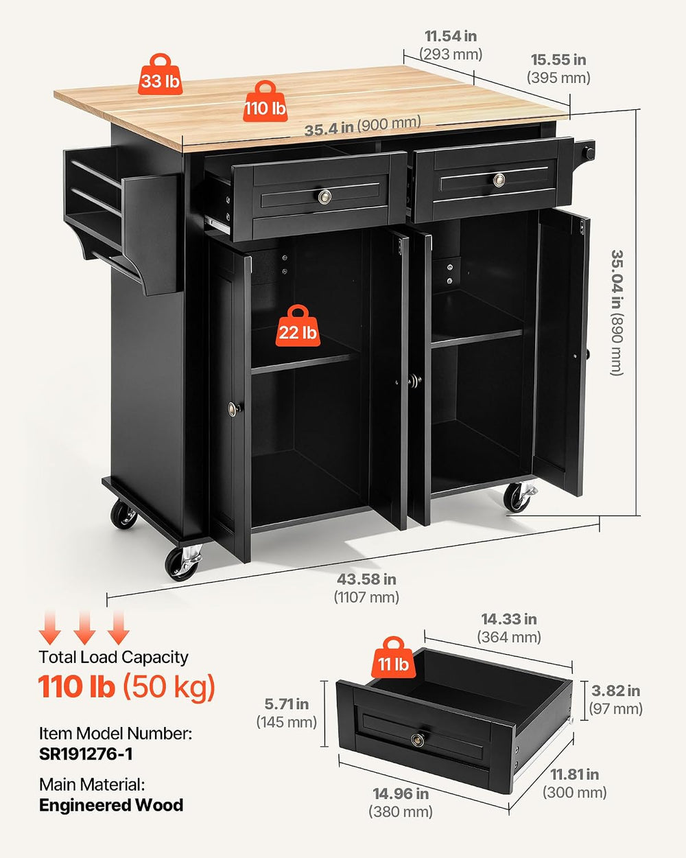 VEVOR Kitchen Island Cart with Storage, 43.58 in Wide Mobile Rolling Storage ...