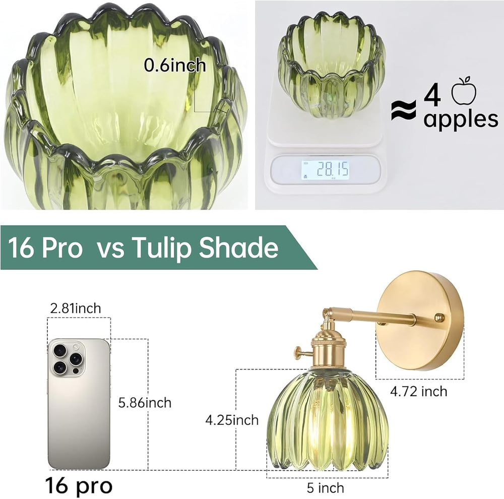 Shenmoyl Vintage Wall Sconces with Green Tulip Glass Lampshade 180 Degree Adj...