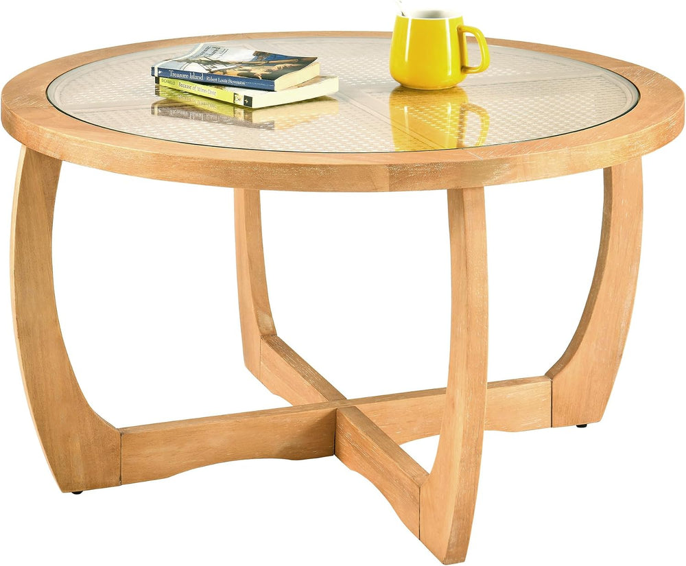 PADMA HOUSE Round Wood Coffee Table with Glass Rattan Top, 32.28" x 18.1...