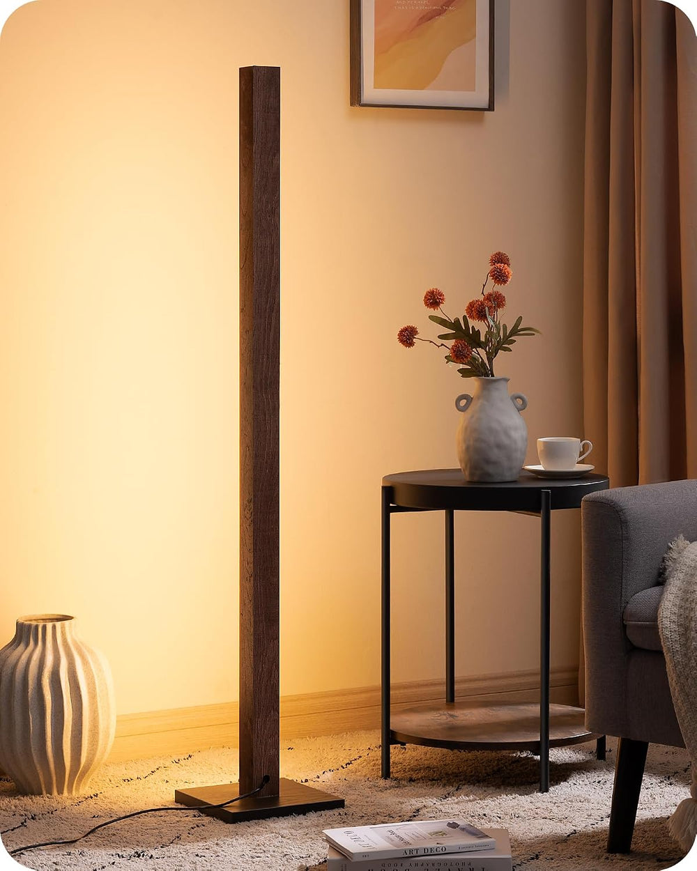 EDISHINE 48.43" Wooden LED Corner Floor Lamp with Remote, Dimmable &...