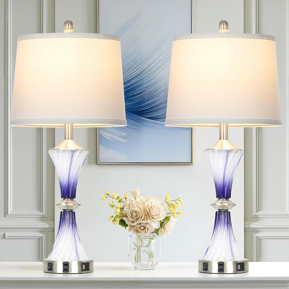 Rinweey Purple Glass Table Lamp Set of 2 with USB C+A Ports & AC Outlet, ...