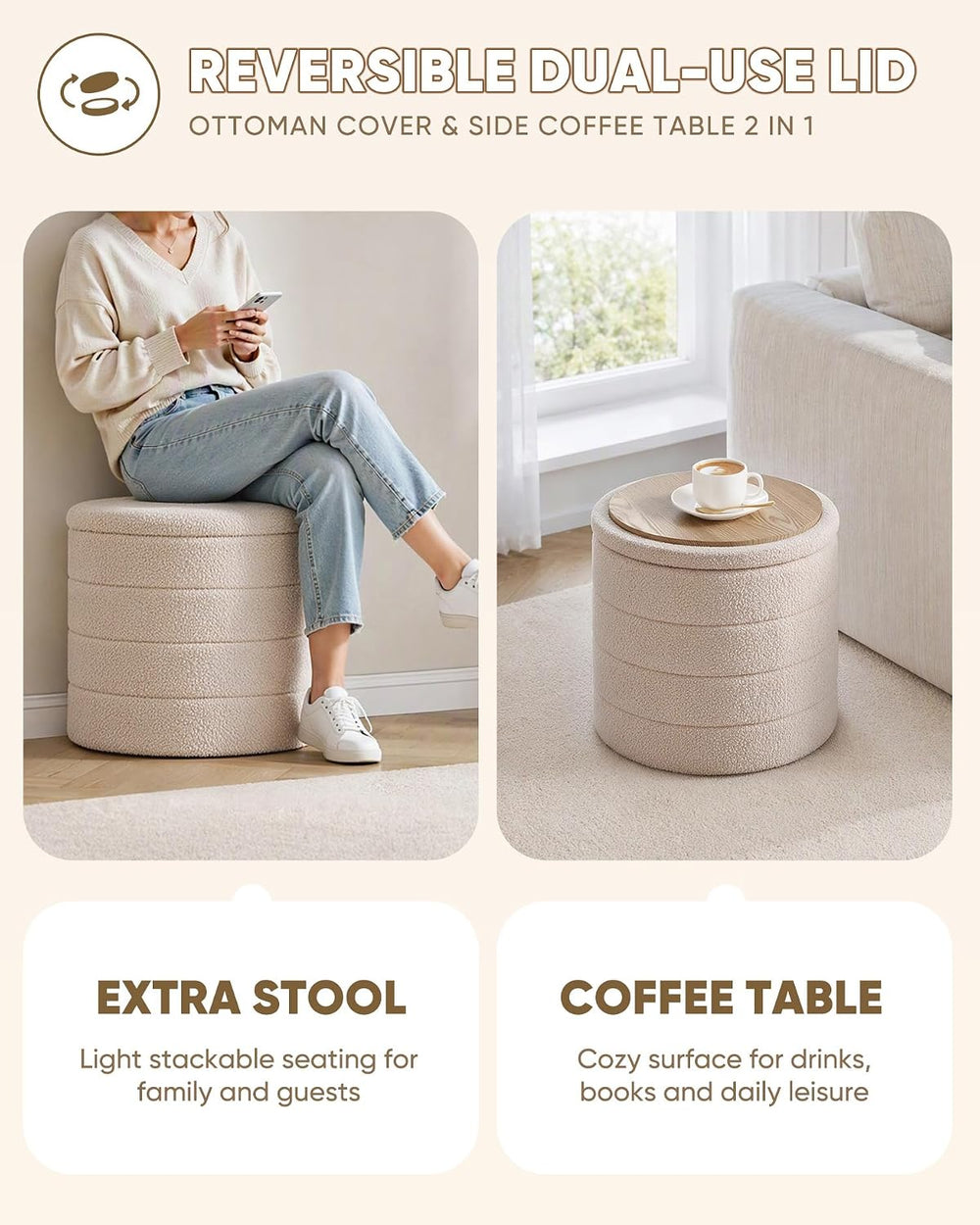 B FSOBEIIALEO Folding Storage Ottoman, Round Sherpa Ottomans, Beige