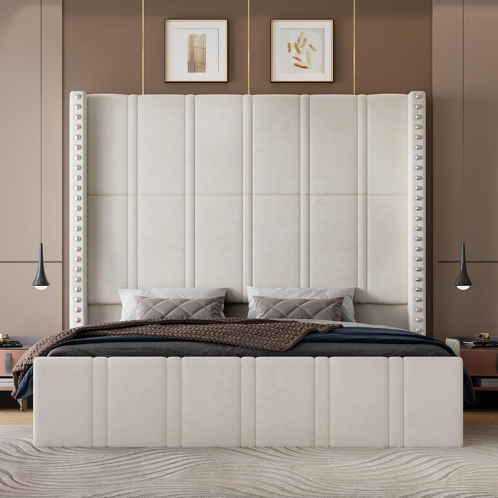 Queen Bed Frame with 65.75" Tall Headboard, Beige