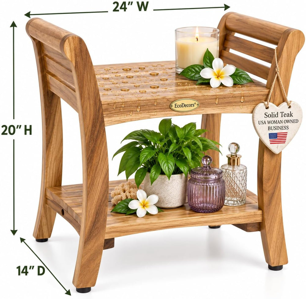 EcoDecors Symmetry 24-Inch Teak Shower Bench with Shelf
