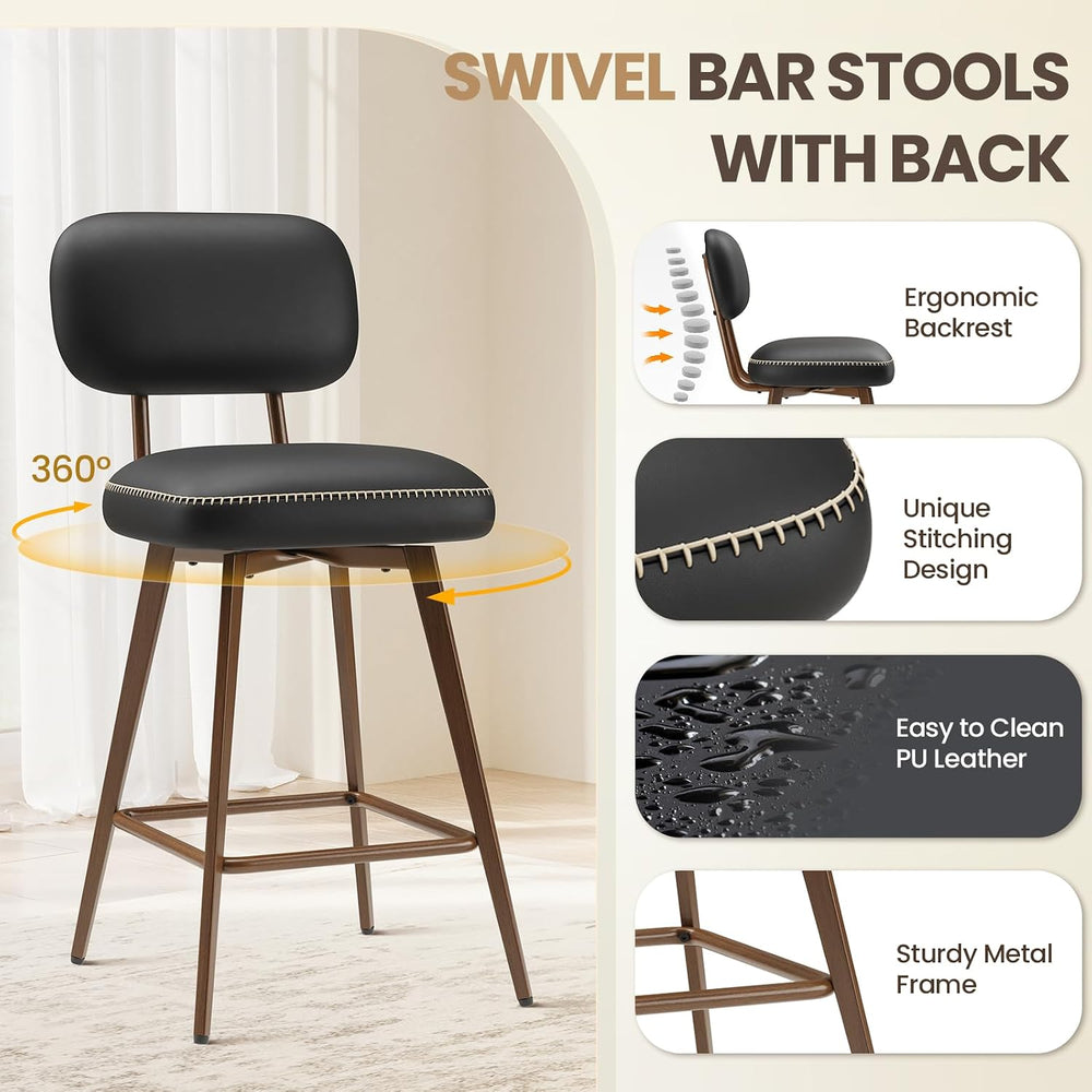 MALOL 26“ PU Leather Swivel Bar Stools Set of 6, Black
