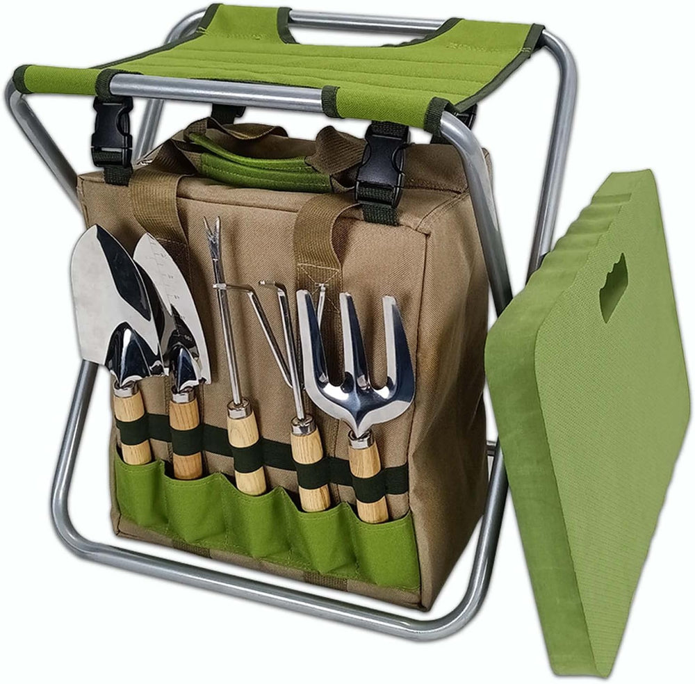 Gardening Tool Set with Folding Stool and Storage Tote Bag