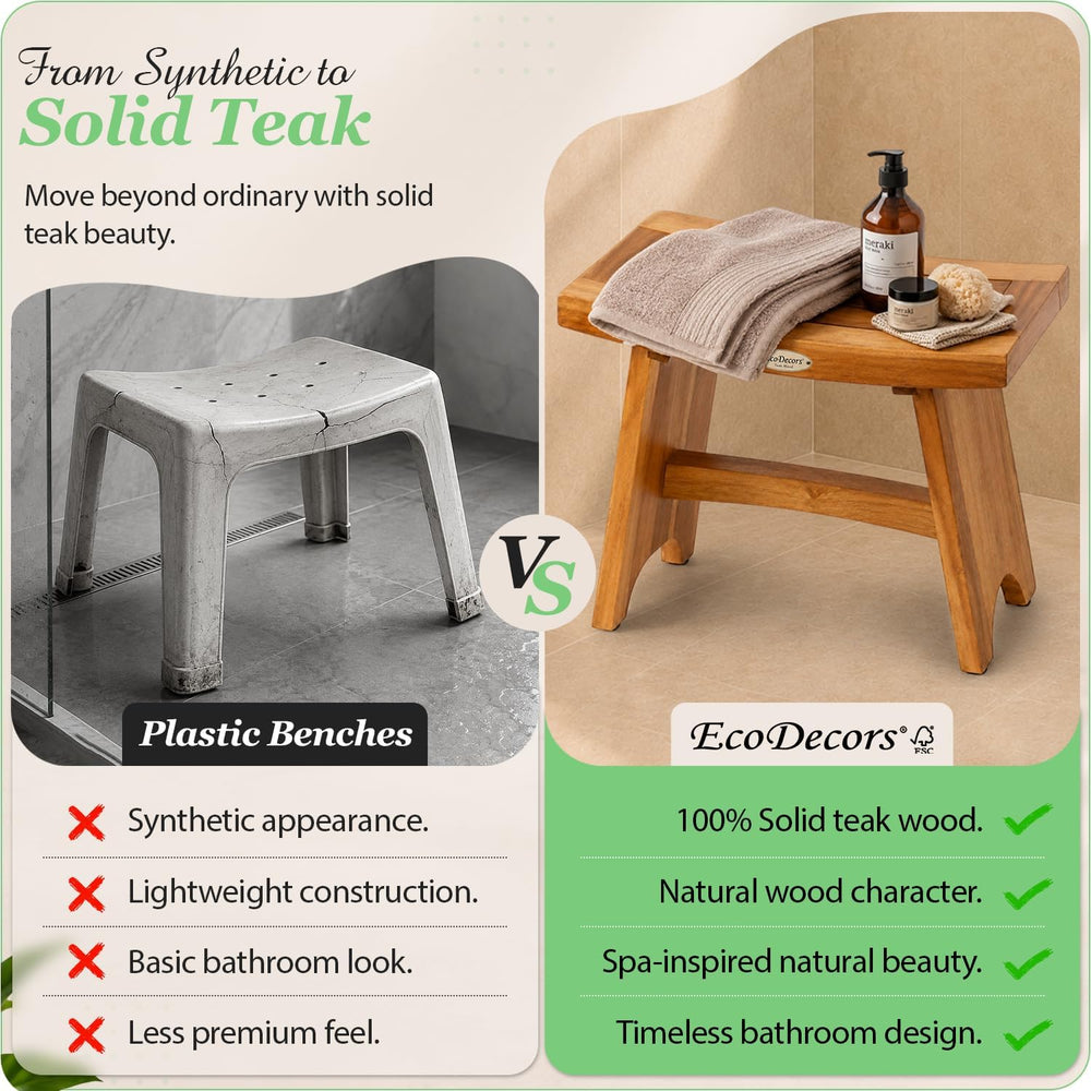 EcoDecors Serenity 24" Teak Shower Bench, Non-Slip Shower Stool