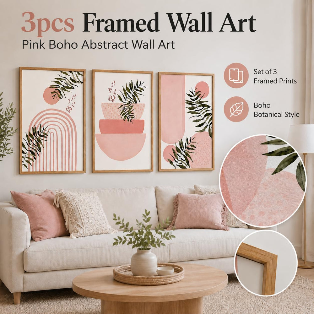Framed 3pcs Boho Pink Geometric Leaf Canvas Wall Art 12x16 Inch