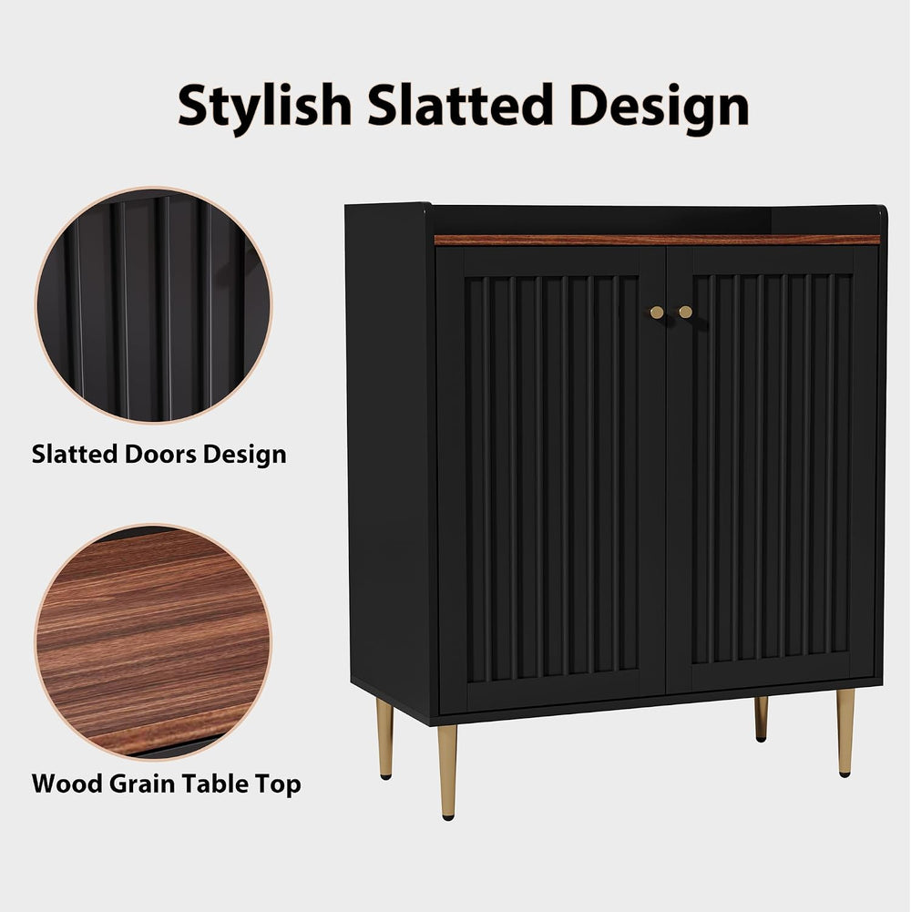 Fluted Coffee Bar Cabinet with Storage and Glass Holder, Black