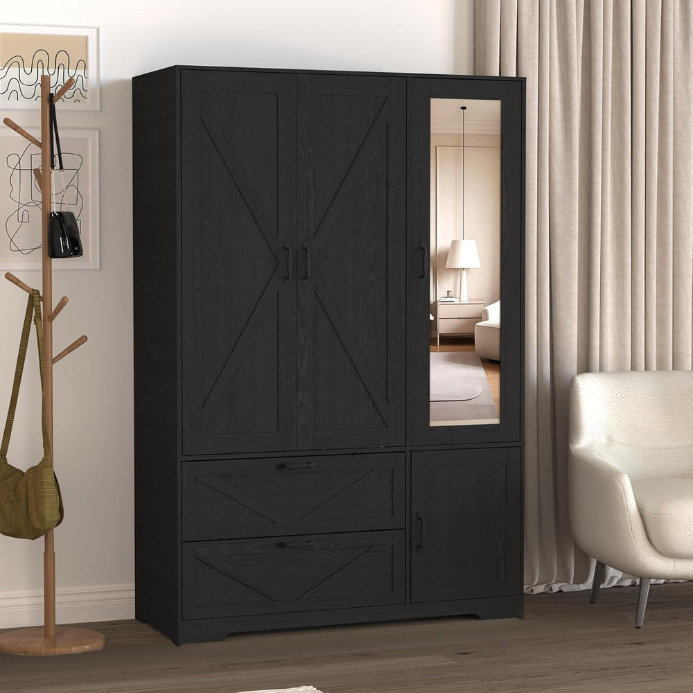 72" Armoire Wardrobe Closet with Mirror Door and LED Lights,3 Doors Farm...