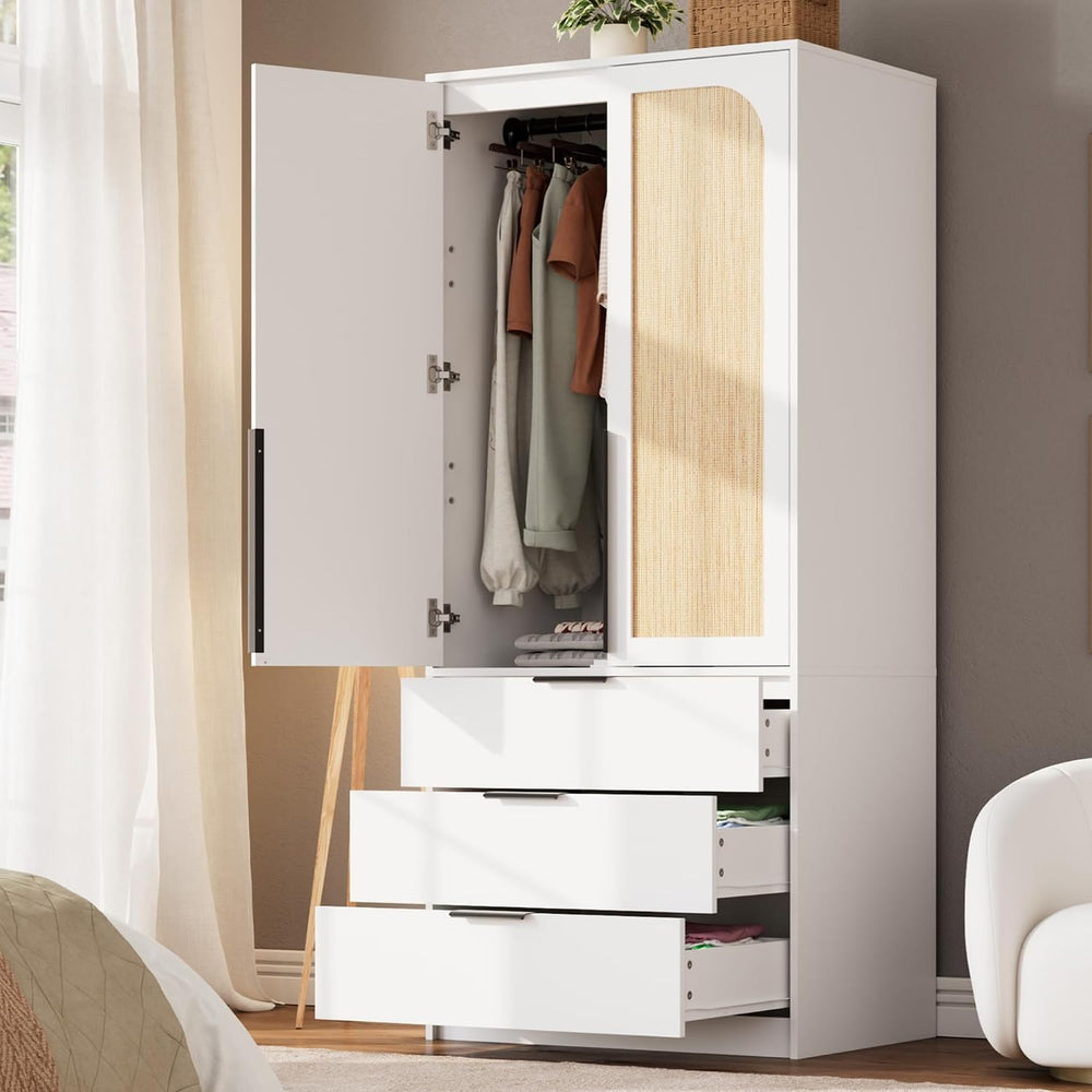 GarveeHome 70" Wardrobe Armoire Wooden Closet with 3 Drawers, White