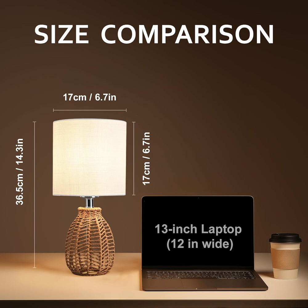KUNJOULAM Rattan Table Lamp, Small Nightstand Lamp with Linen Fabric Lampshad...