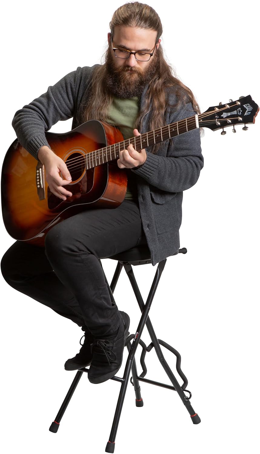 Gator Frameworks Foldable Guitar Stool with Padded Seat and Rear Mounted Guitar Hanger, (GFW-GTRSTOOL)