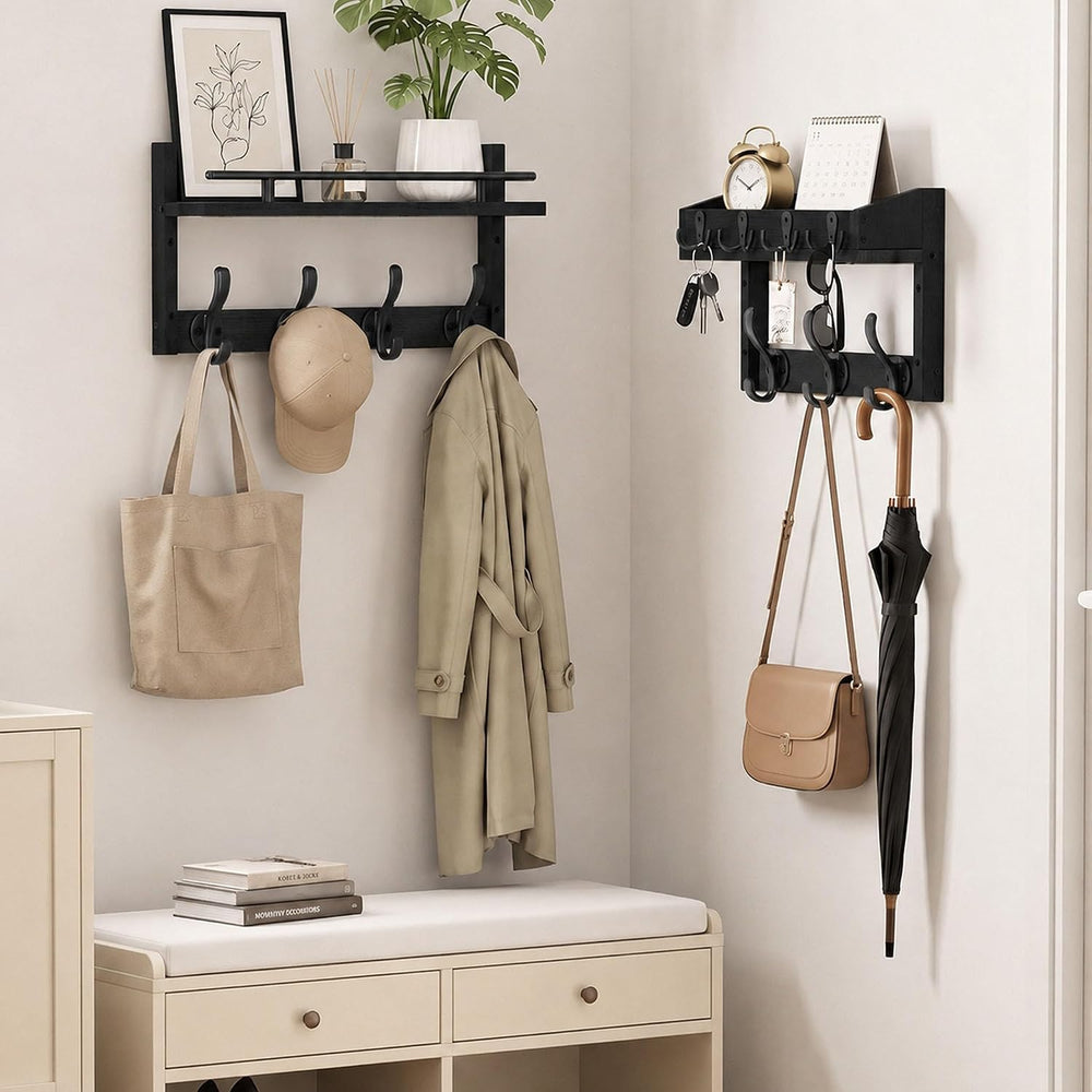 29” Coat Rack Wall Mount with Shelf, Coat and Key Hanger with Metal Hooks