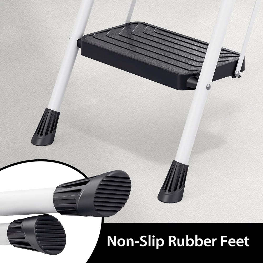 TOOLF 3 Step Ladder, Folding Portable Ladder with Anti-Slip Pedals, White