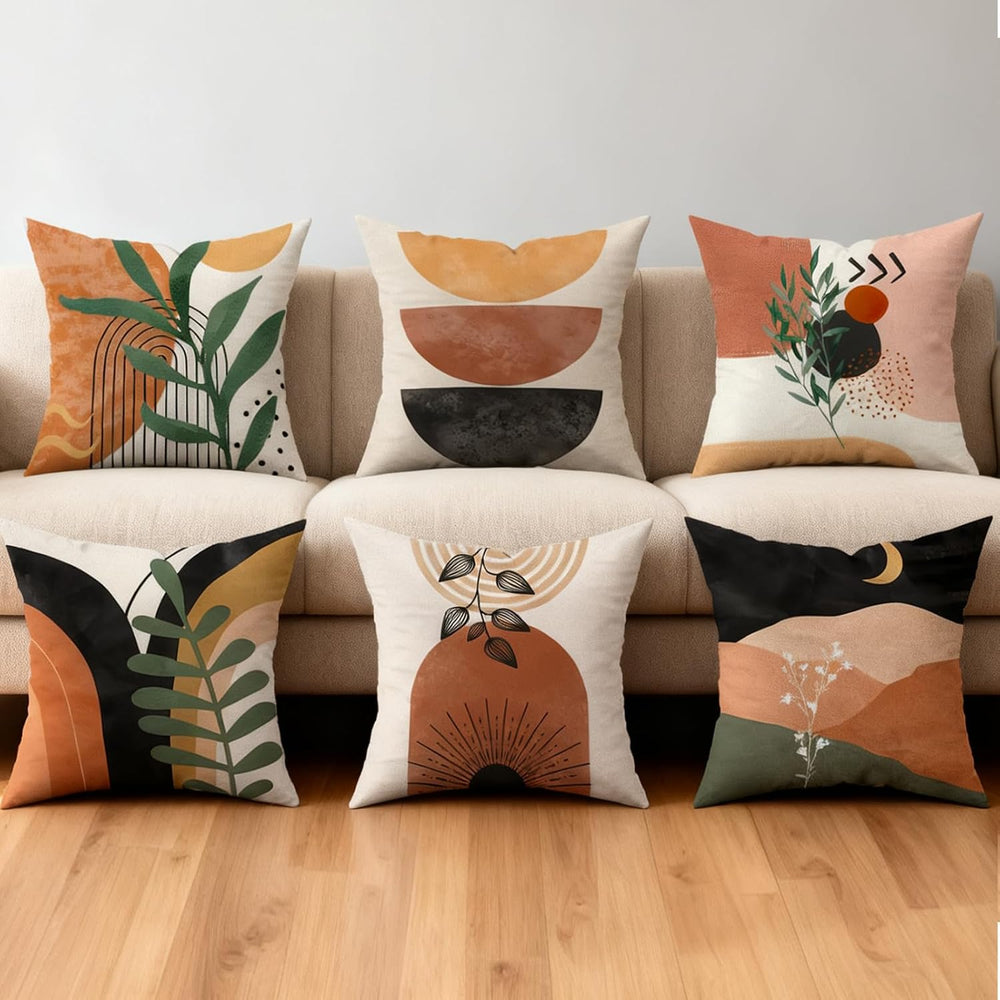 Boho Mid Century Modern Throw Pillow Covers Set of 6, Sun Moon Leaves Arch Ab...