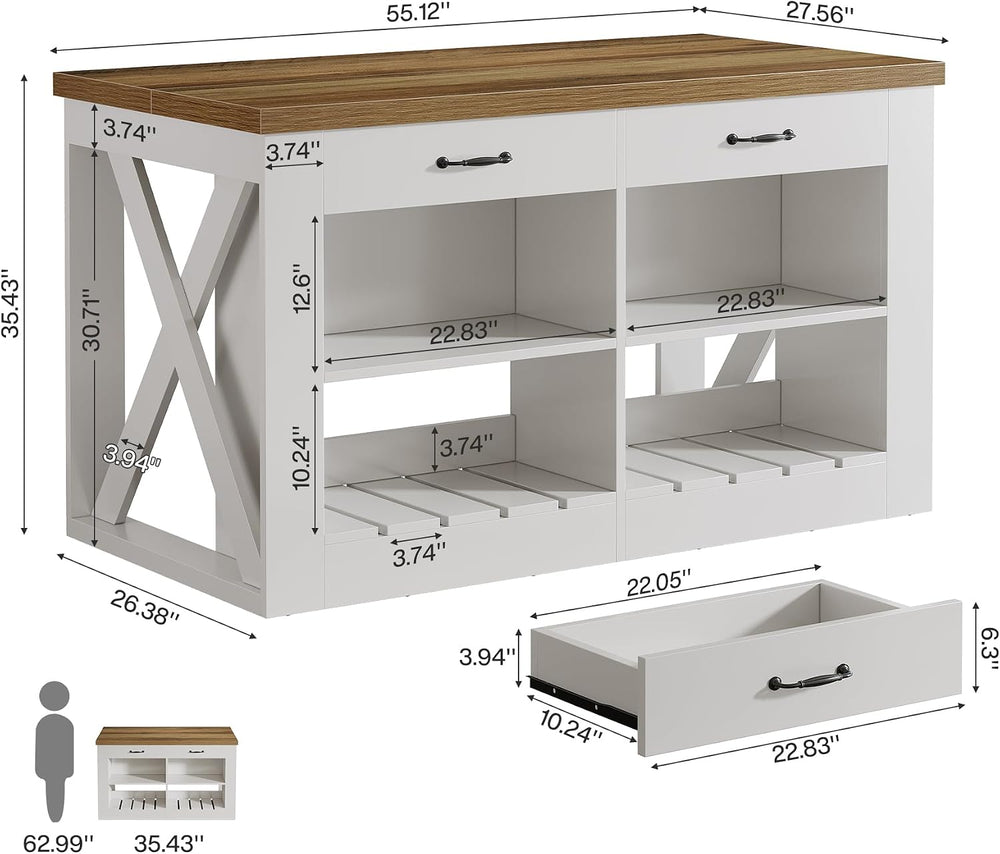 Tribesigns 55" Farmhouse Kitchen Island with 2 Storage Drawers and Shelf