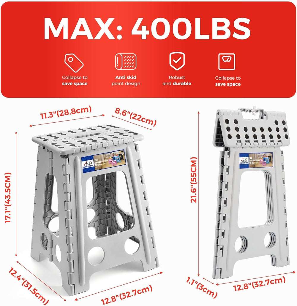 ACKO Folding Step Stool 17.5 Inch, 400 lbs Capacity Foldable Stools, Gray