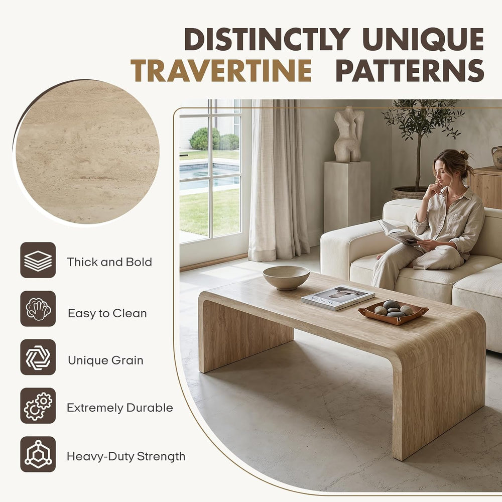 Hyfirm 47" Travertine Look Coffee Table, Thick Waterfall Edge Wood