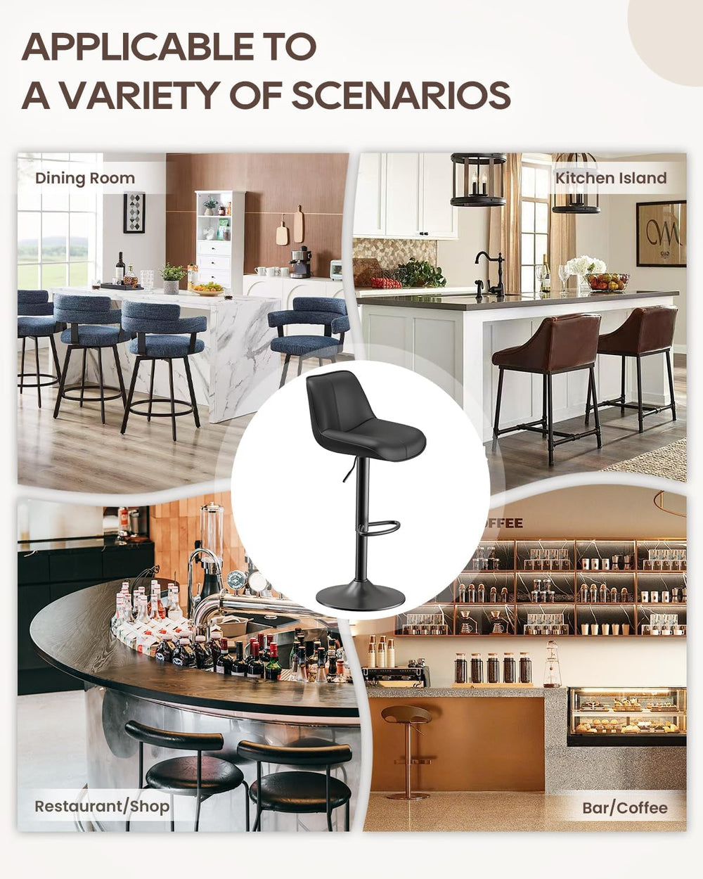 Bar Stools Set of 4, Adjustable Swivel Faux Leather Barstools 26-34inch with ...