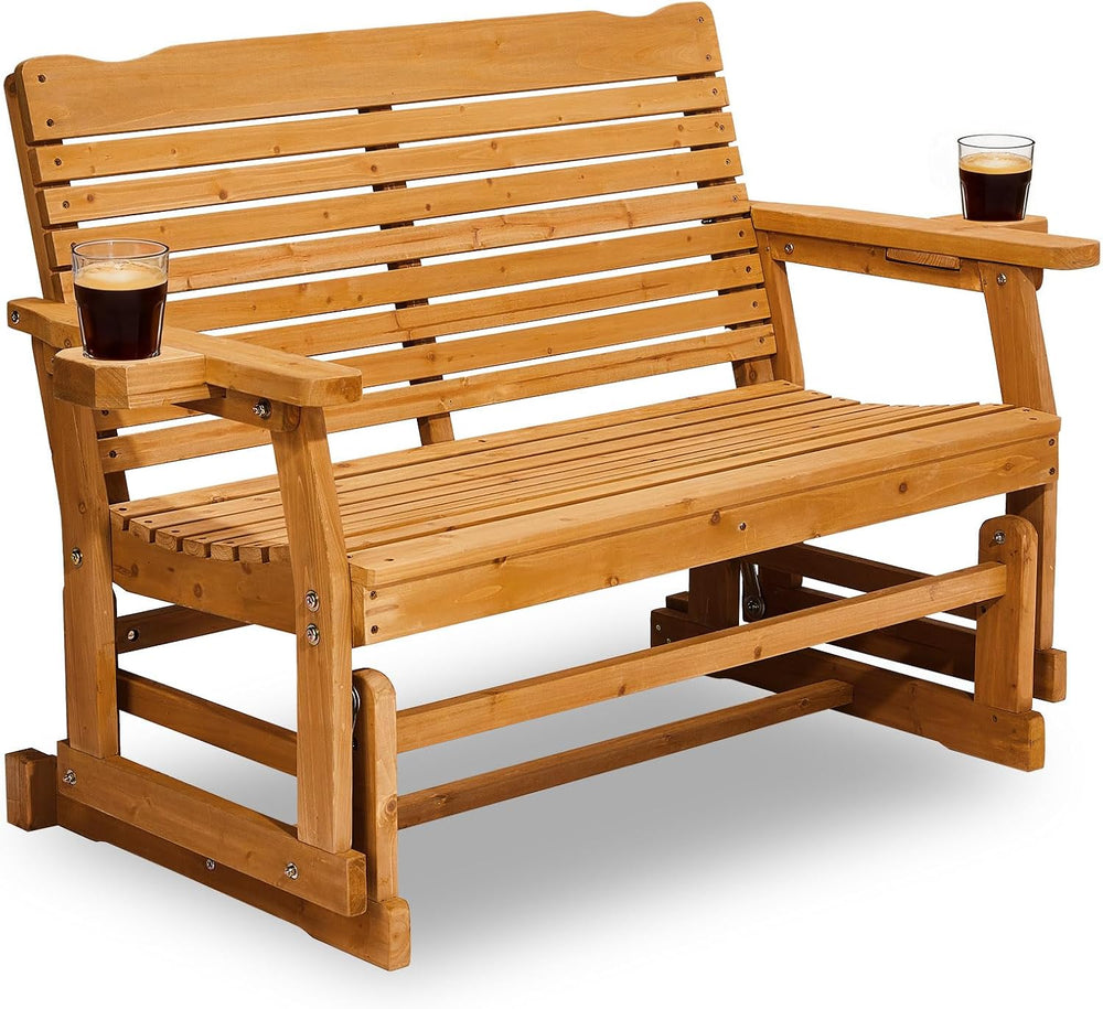 Outvita Patio Glider with Cup Holders, Wooden Outdoor Glider Bench with High ...