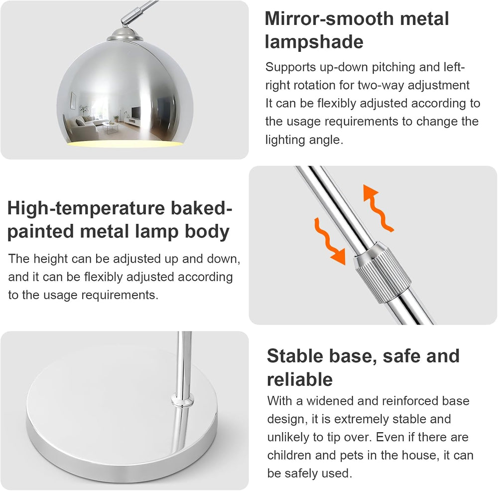 Glossy Chrome Silver Arc Floor Lamp with 12W LED Remote Dimming