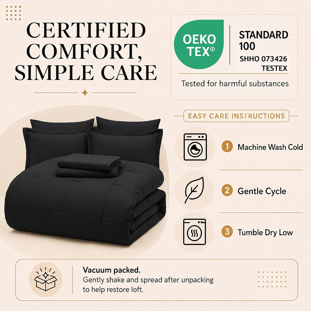 CozyLux King Size Comforter Set Black, 7 Pieces Bed in a Bag