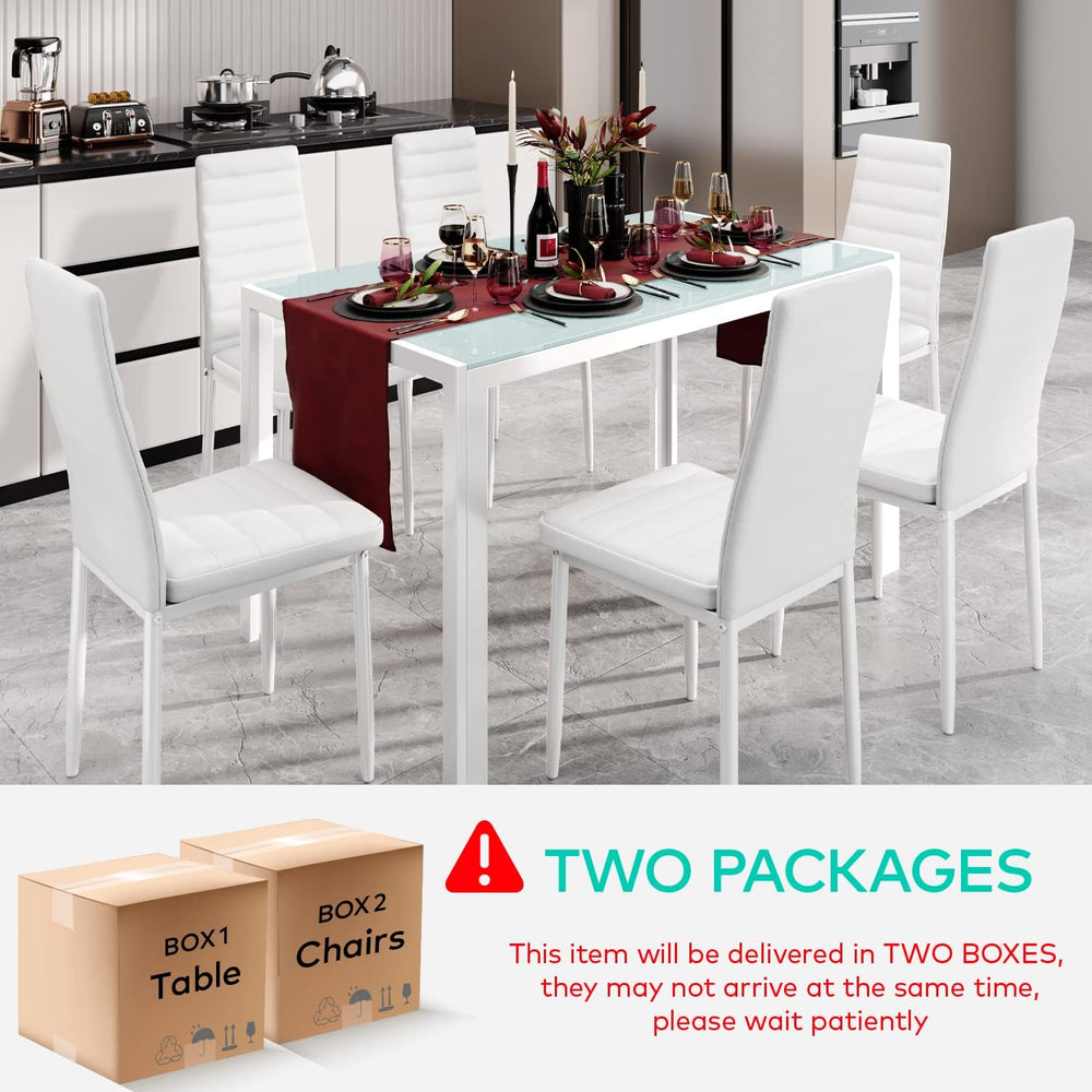 Gizoon White 7 Piece Glass Dining Table Set, Kitchen Table and Chairs Set