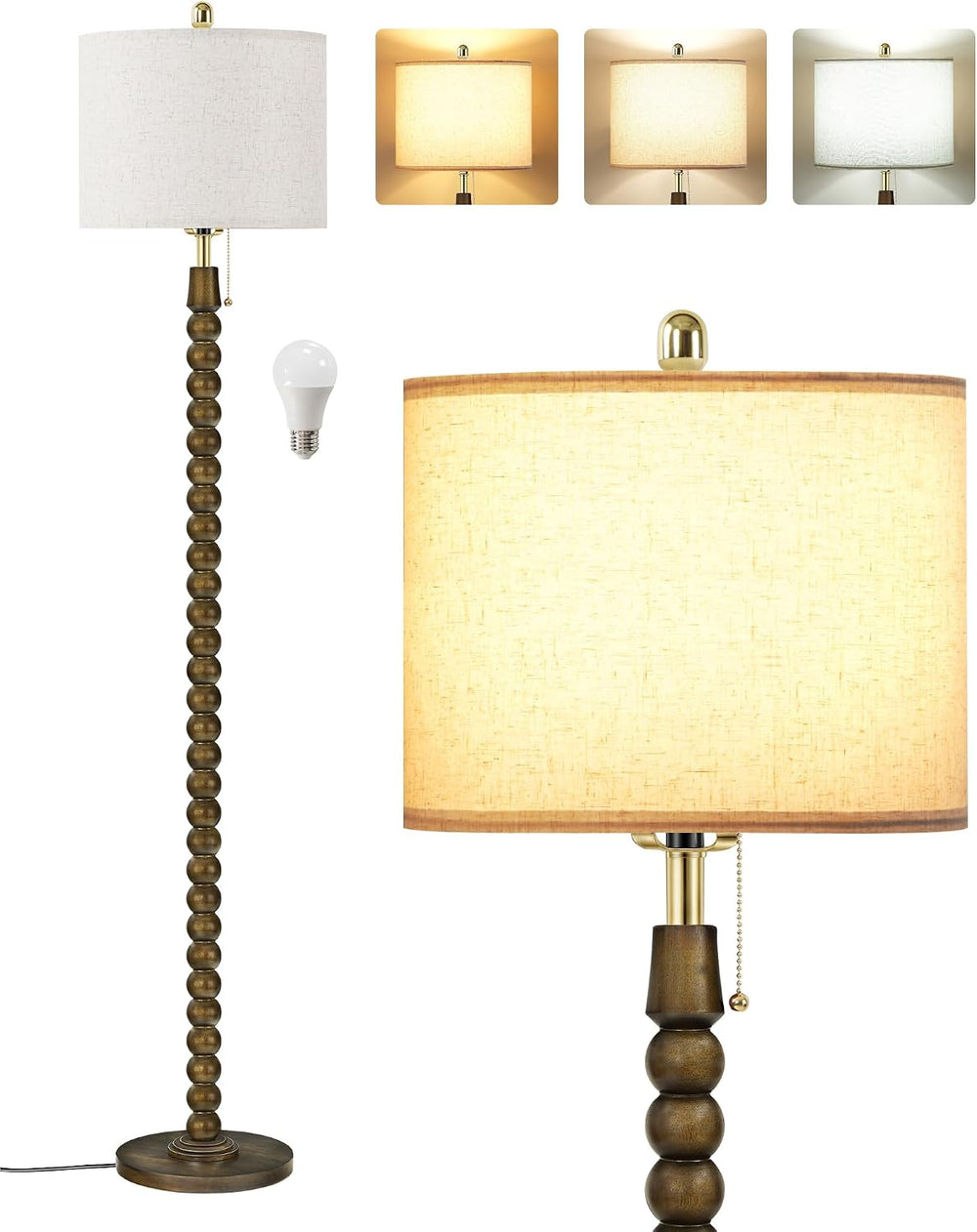 65" Solid Wood Beaded Floor Lamp with Pull Chain Switch, 3CCT, Walnut Green