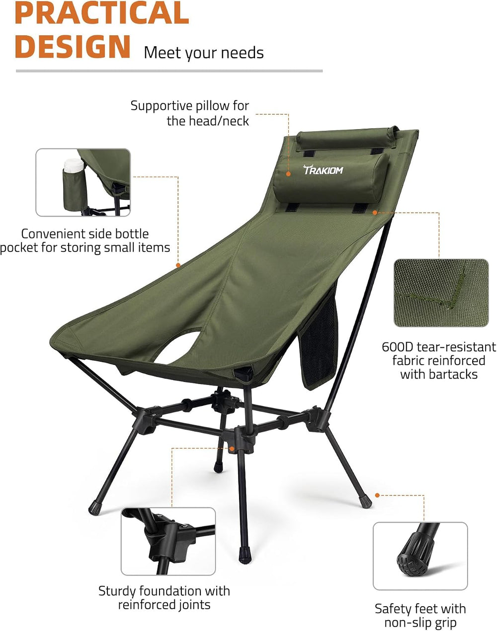 Trakiom High Back Camping Chair with Head/Neck Support Widened Seat, Green