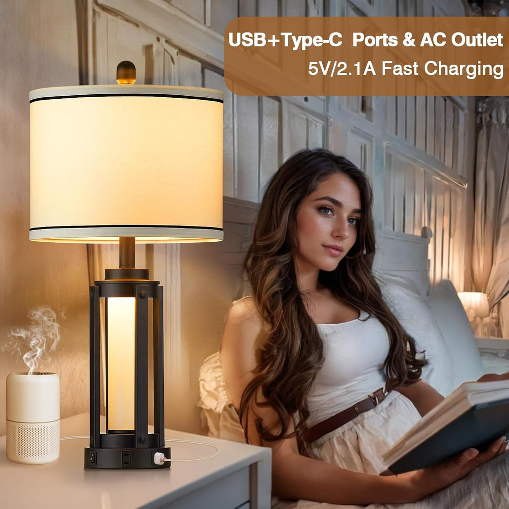 Industrial Table Lamps Set of 2, Farmhouse Beside Lamp with USB A+C Charging ...