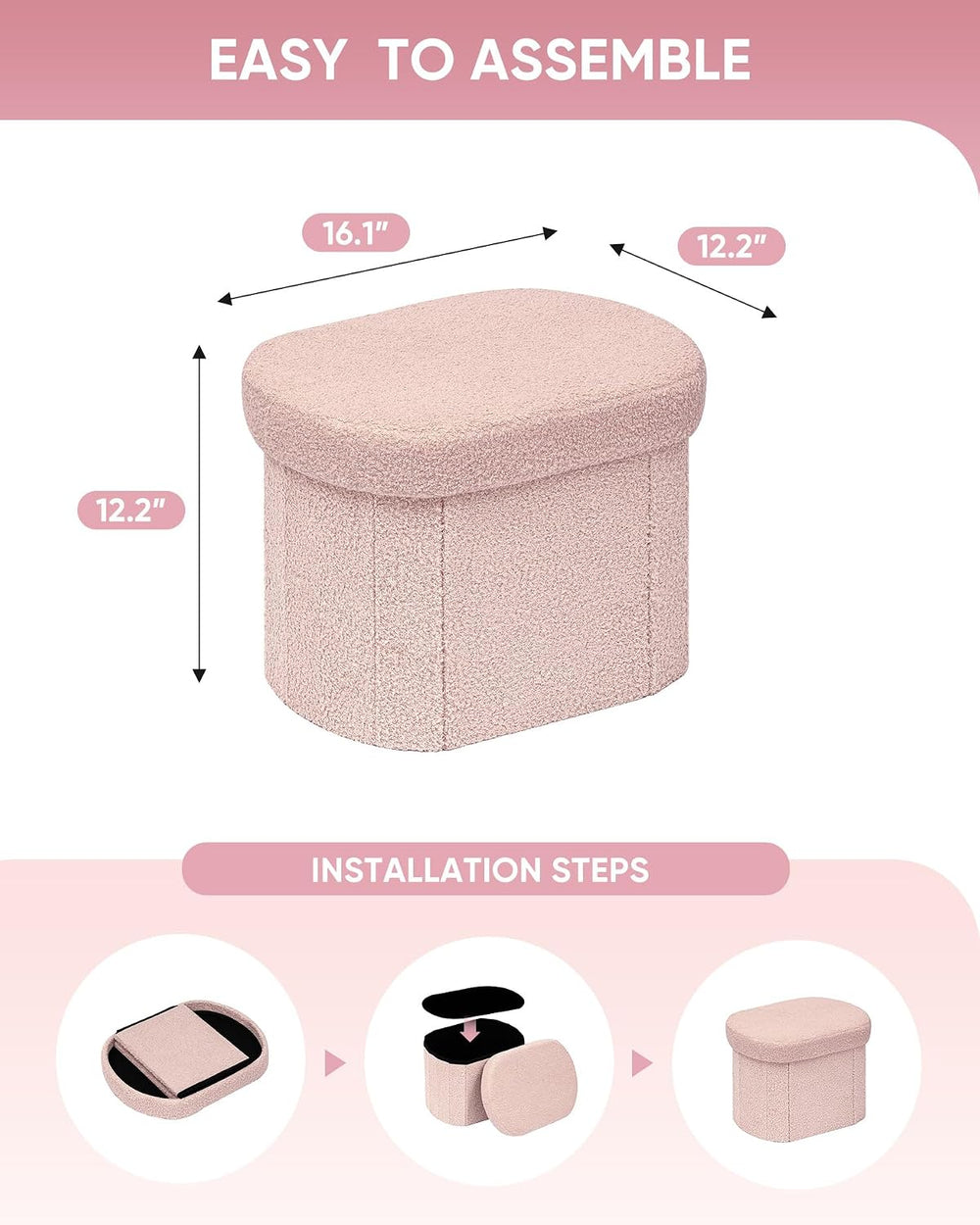 B FSOBEIIALEO 16.14" Boucle Storage Ottoman Cube for Dorm Room, Pink