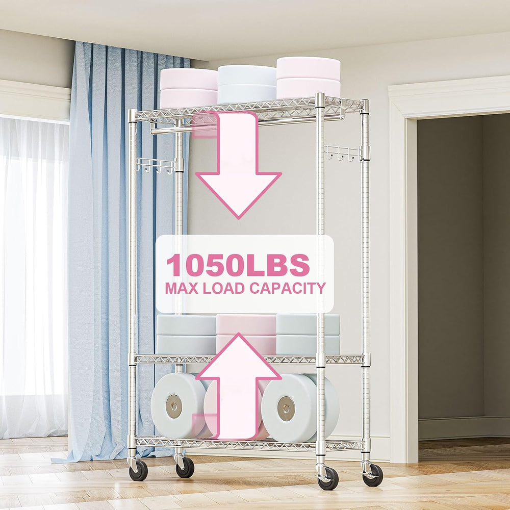 M MZG Heavy Duty Rolling Garment Rack 3 Tiers Adjustable Wire Shelving Clothe...