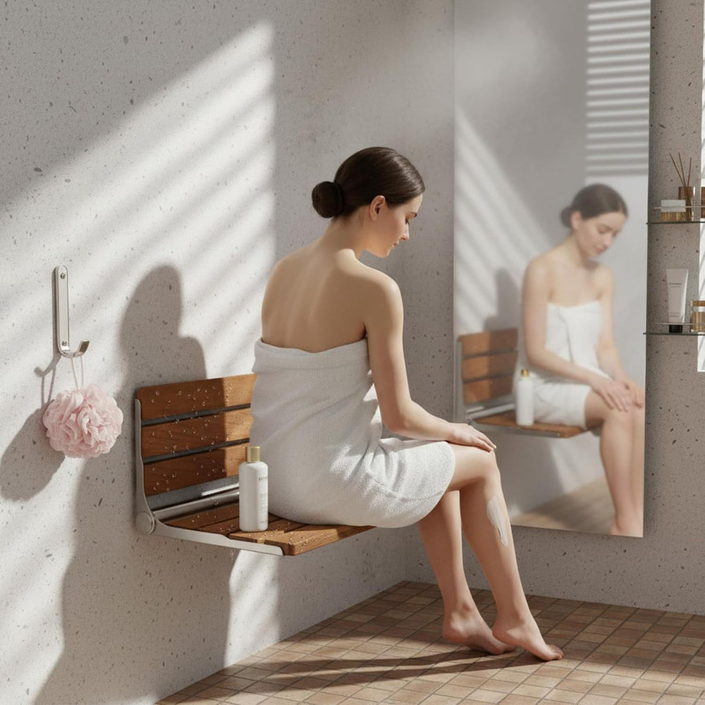 Foldable Shower Seat Wall Mounted 16 in Wide, Teak Bench for Small Shower