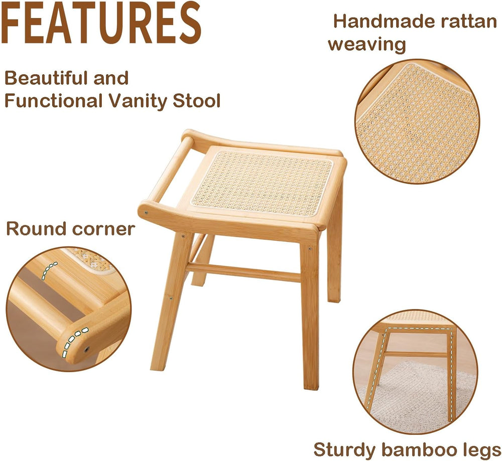 Tiita Rattan Vanity Stool, Bamboo Dressing Chair, Ottoman and Step Stool