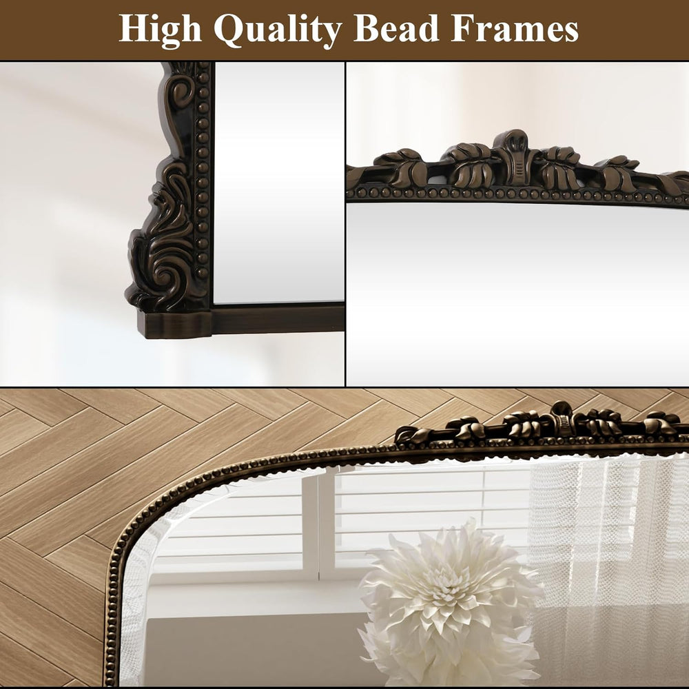 27"×36" Bronze Wide Arched Wall Mirror with Vintage Carving