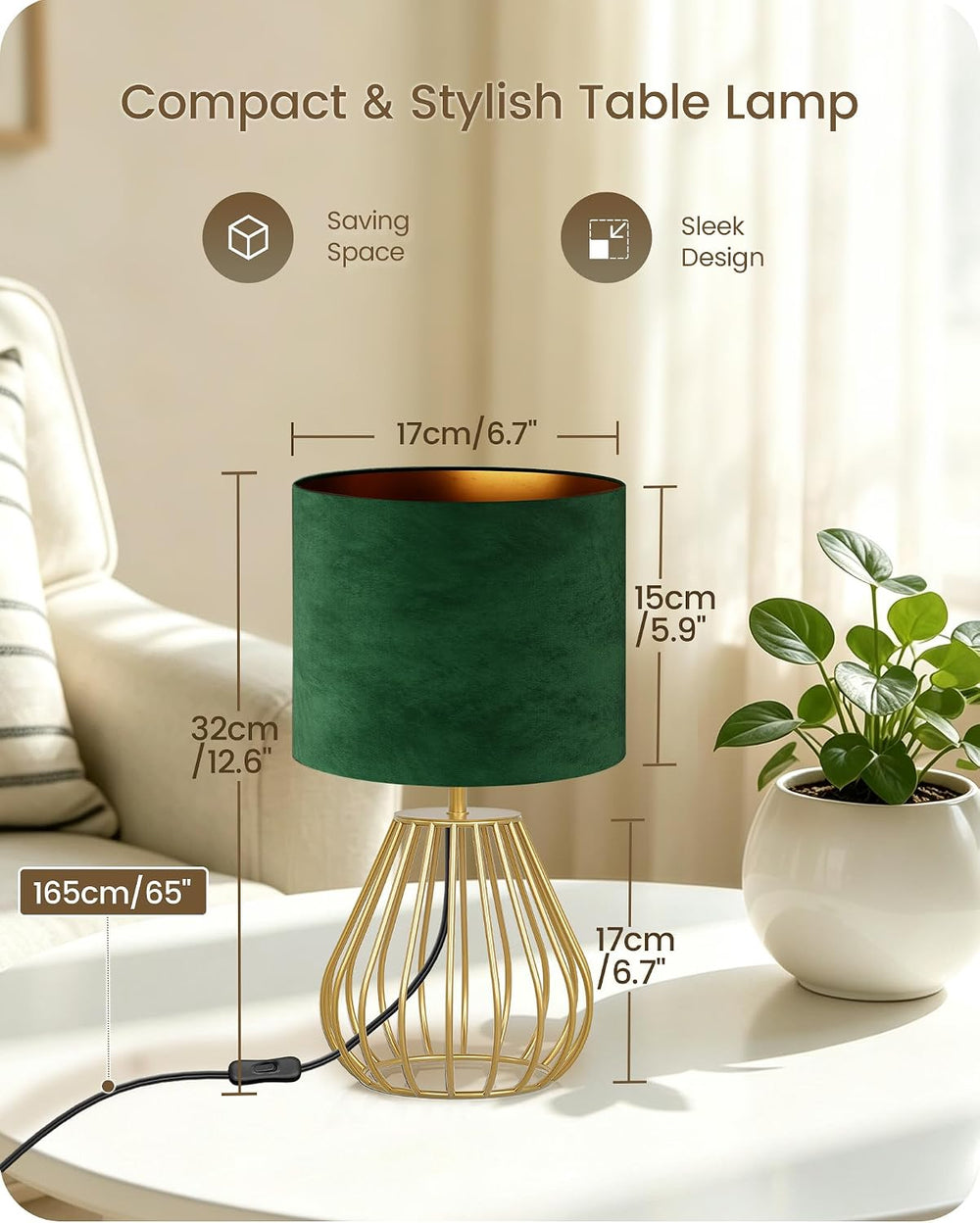 Green and Gold Table Lamp,12.6" Small Bedside Lamp with Bulb