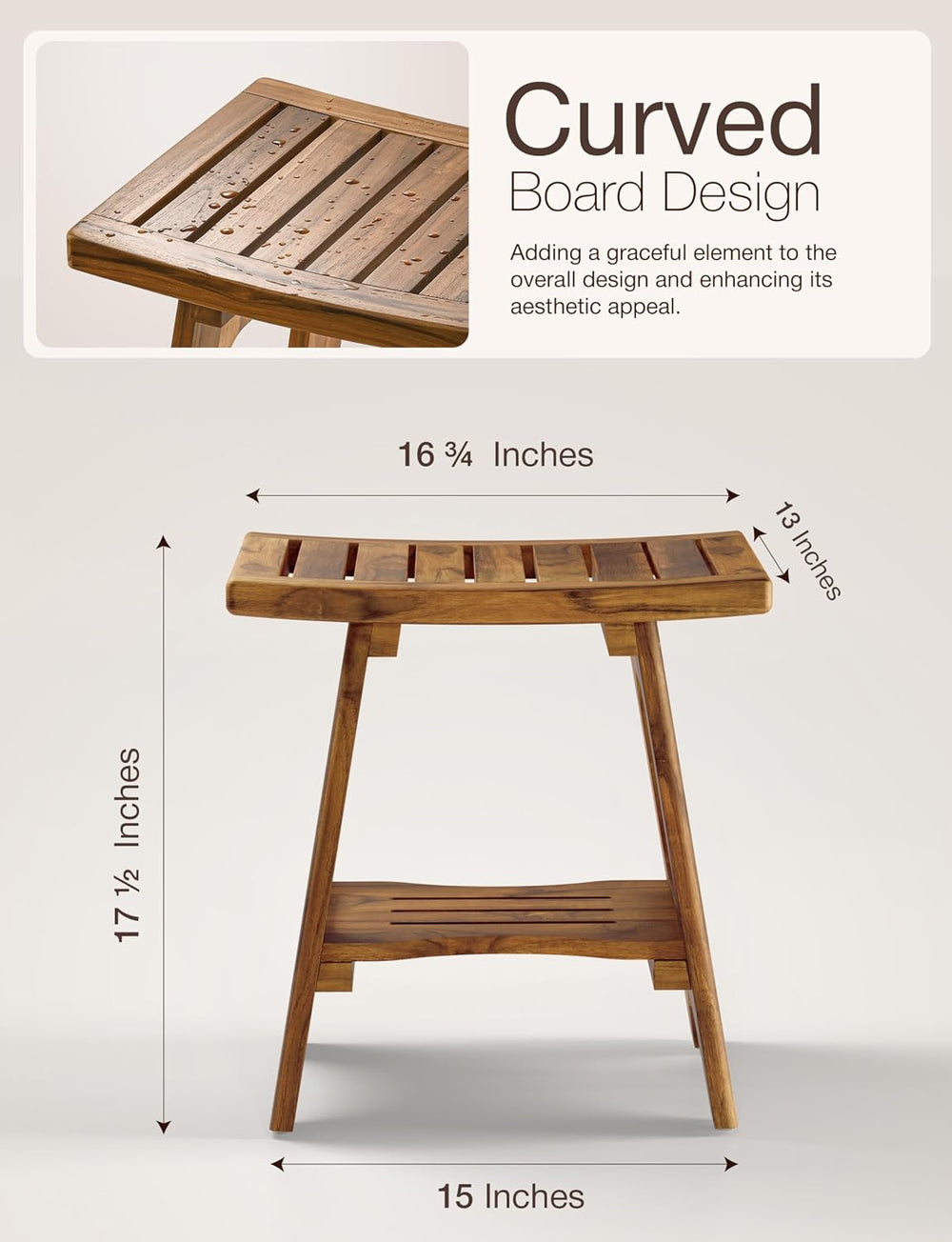 HOLANA 18" Teak Shower Bench, 450 LBS Capacity with Built-in Storage Shelf