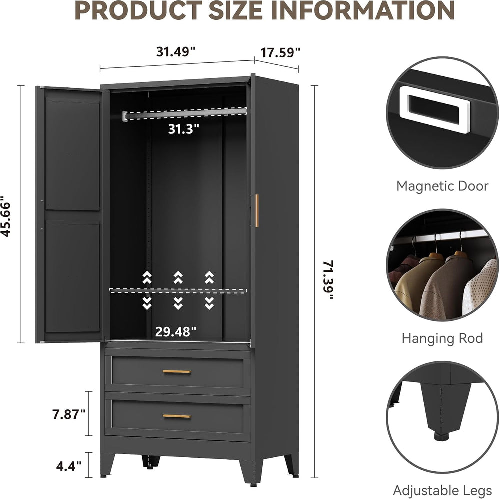 Baborokic Metal Wardrobe Cabinet with Hanging Rod,71" Armoire Wardrobe C...