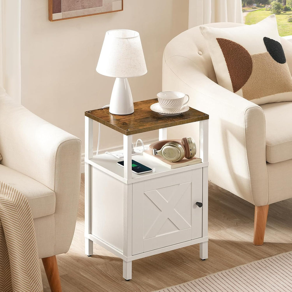 MAHANCRIS Farmhouse Nightstand with Charging Station, White Night Stand End T...