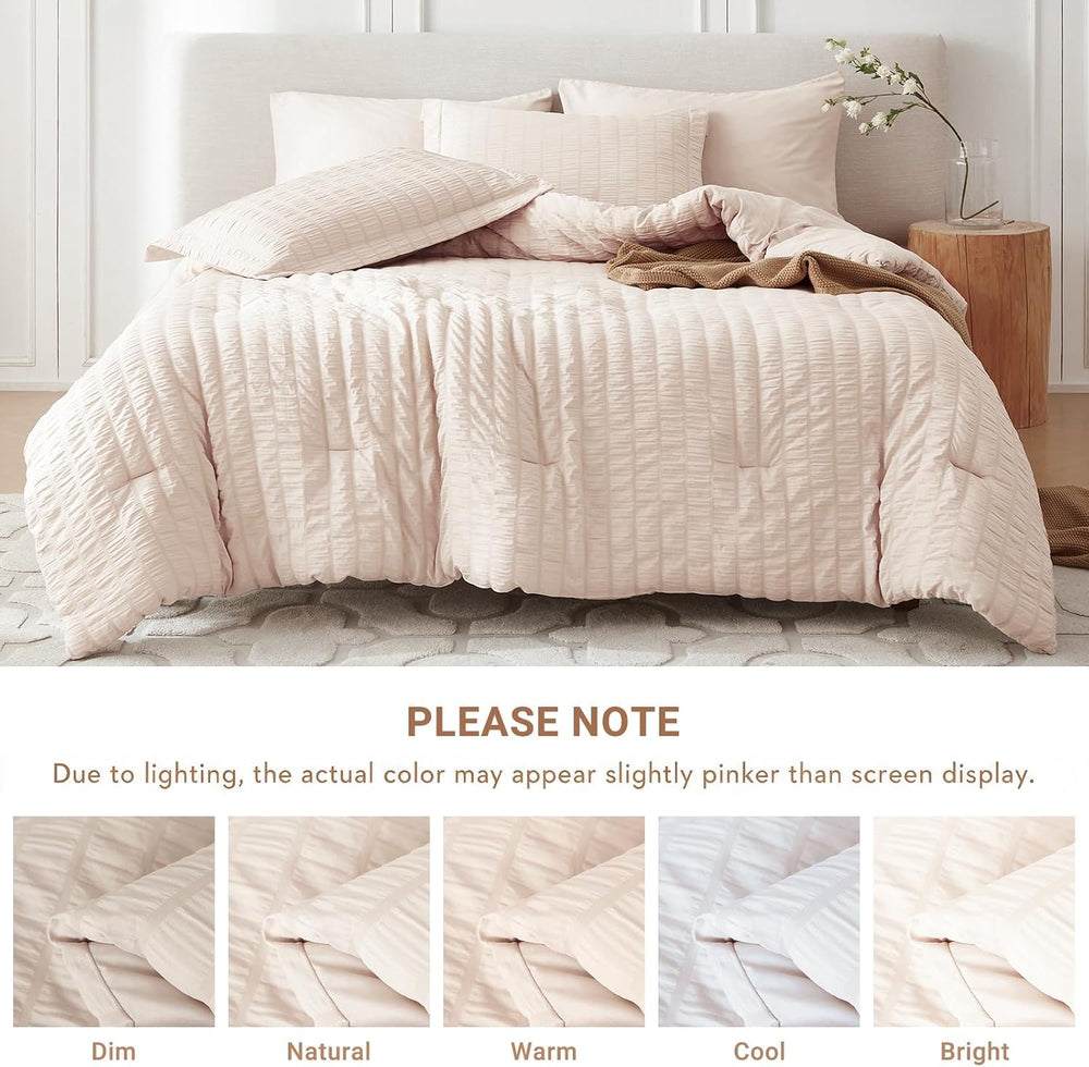MUXHOMO King Comforter Set 7 Pieces, Seersucker Bed in a Bag, Beige