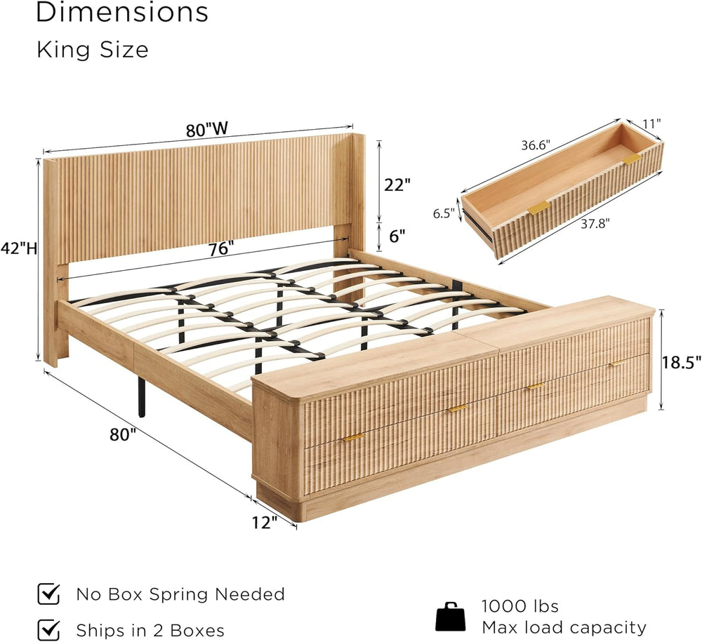 T4TREAM Fluted King Bed with Headboard and Storage Bench, Natural Oak