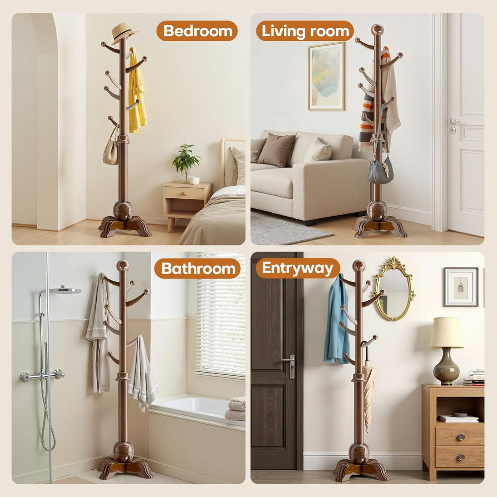 Wooden Coat Rack, 7 Hooks Freestanding Wood Coat Tree Rack with Stable Base