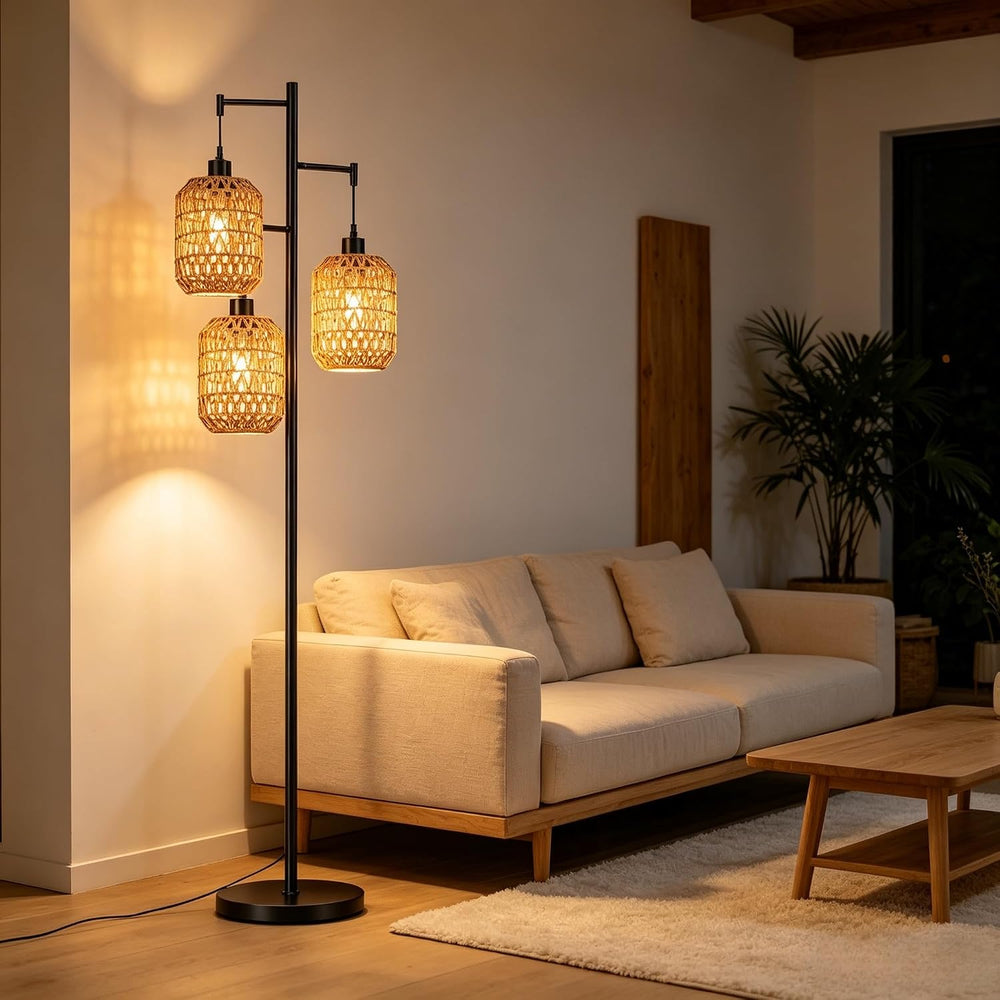 QIYIZM Floor Lamp for Living Room,Bedroom,3-Lights Boho Rattan Tree Floor Lig...