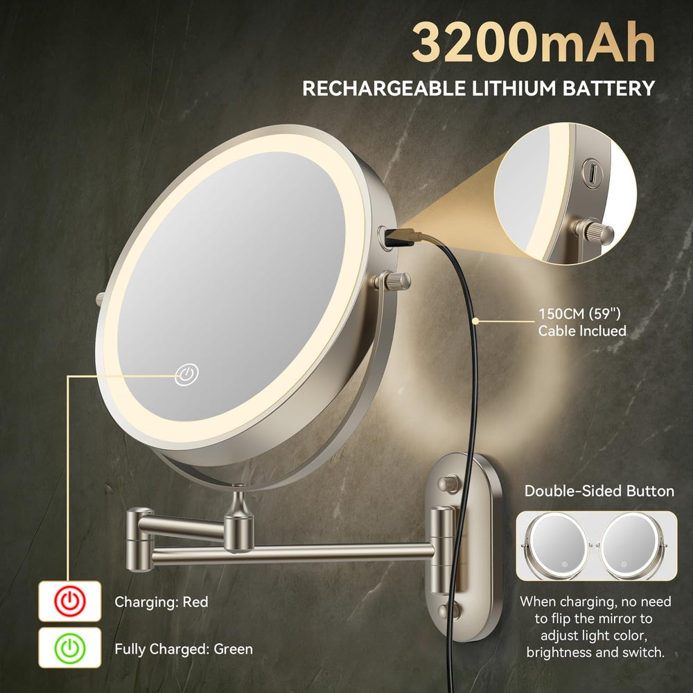 Auxmir 1X/30X Wall Mounted Makeup Mirror, 8" Rechargeable Magnifying Mirror