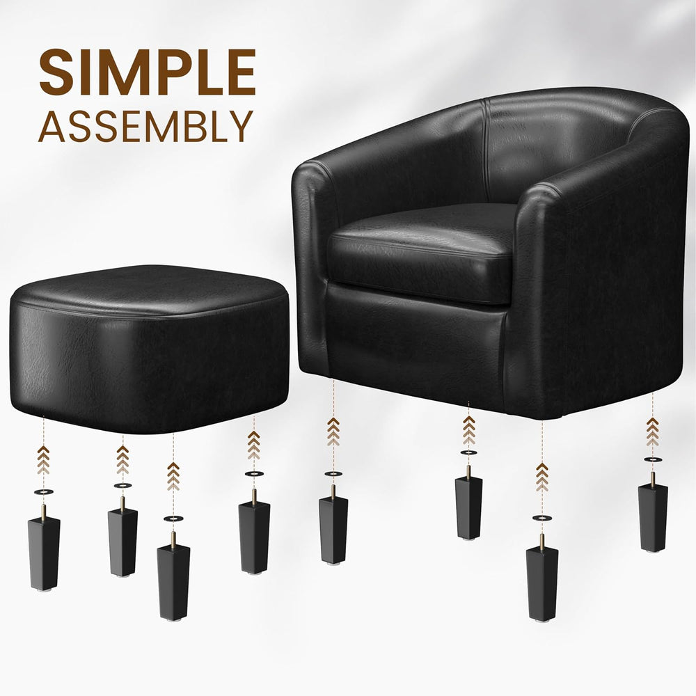 Yaheetech Accent Chairs with Ottoman, Faux Leather Barrel Chairs, Black