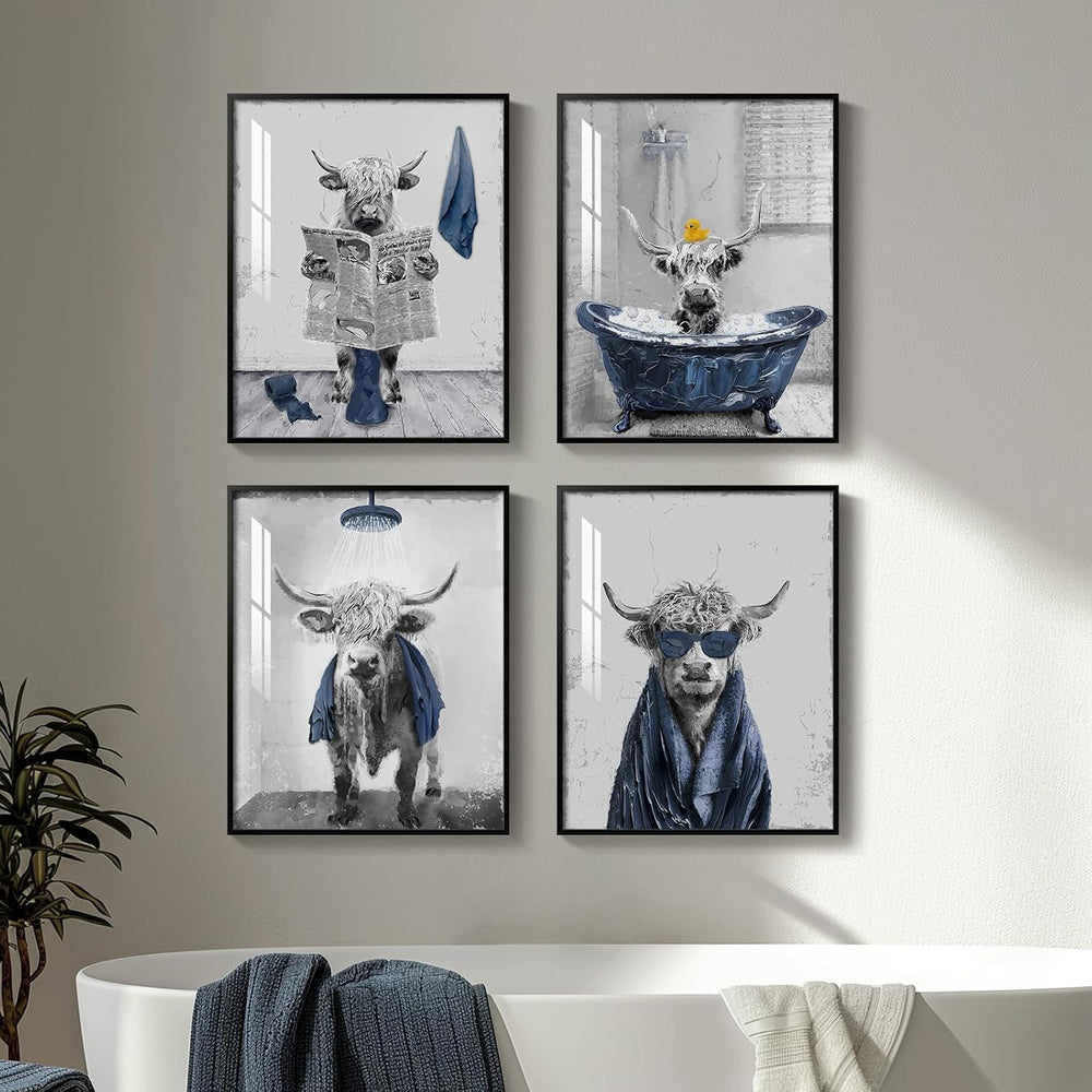 Framed Highland Cow Funny Animal Bathroom Wall Art, 4 Piece 8x10 In