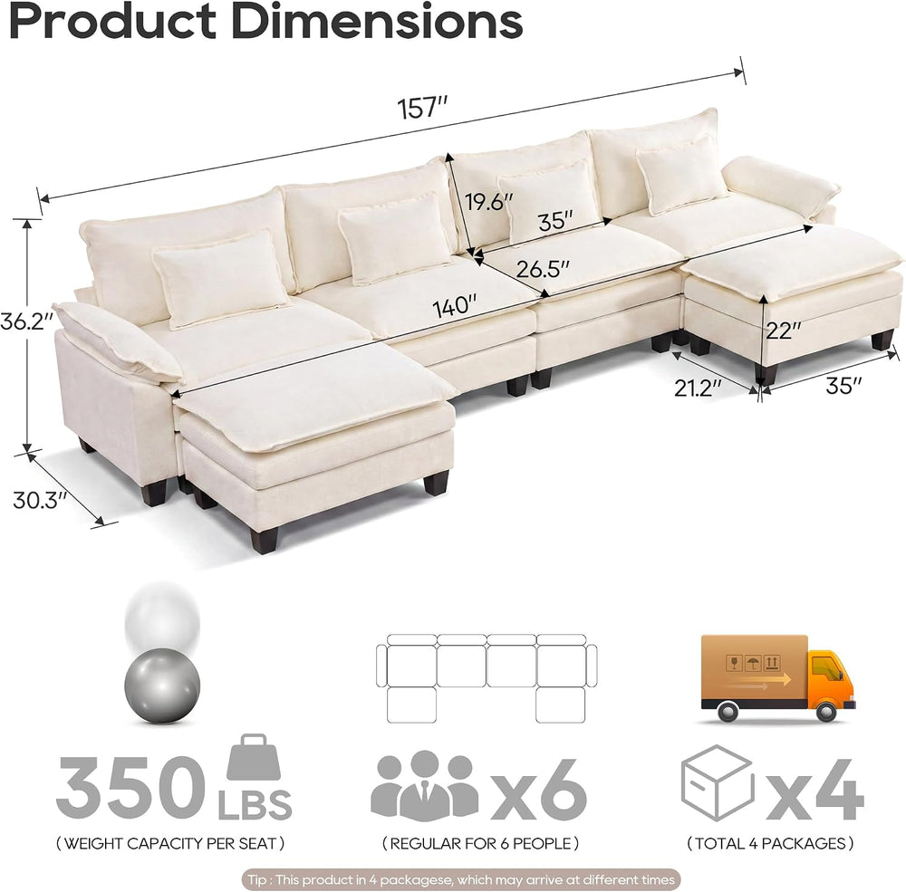 URRED Oversized Modular Sectional Sofa，Ivory：157" U Shaped