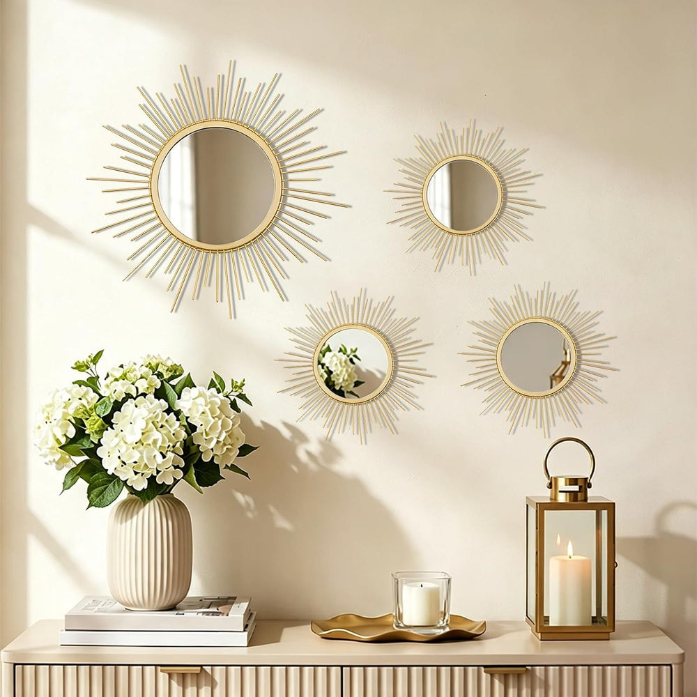 4 Pieces Gold Sunburst Wall Mirror Set Modern Metal Circles for Home Decor