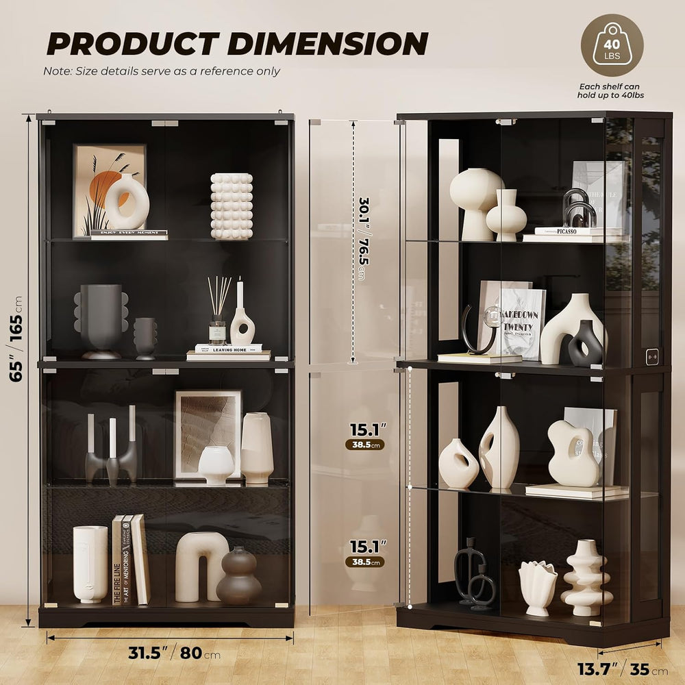 Glass Display Cabinet with Doors and Lights, 4-Tier Curio Cabinet, Black